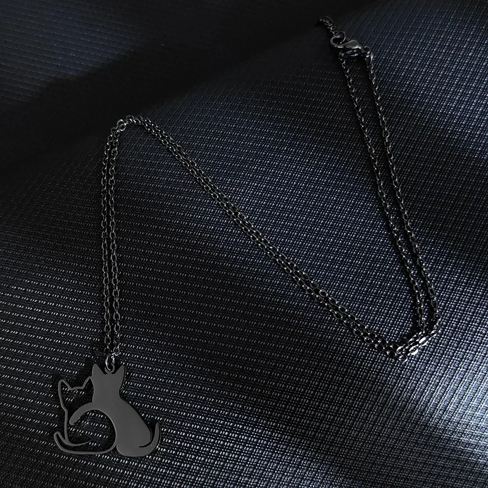 Double Cat Pattern Pendant Necklaces for Women Cute Couple Gold Choker Fine Animal Stainless Steel Jewelry Valentine's Day Gifts