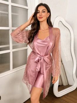 حار بيع الصلبة اللون البوليستر ثوب النوم الدانتيل انظر من خلال رداء للنساء 2PCS مجموعة 5