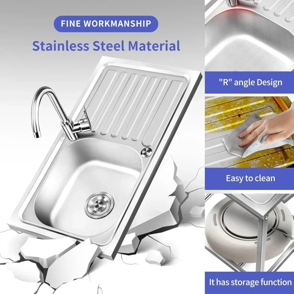 Free Standing Sink, Utility Stainless Steel Kitchen Single Bowl Washing Hand Basin Station Sink with Drainboard and Faucet 4