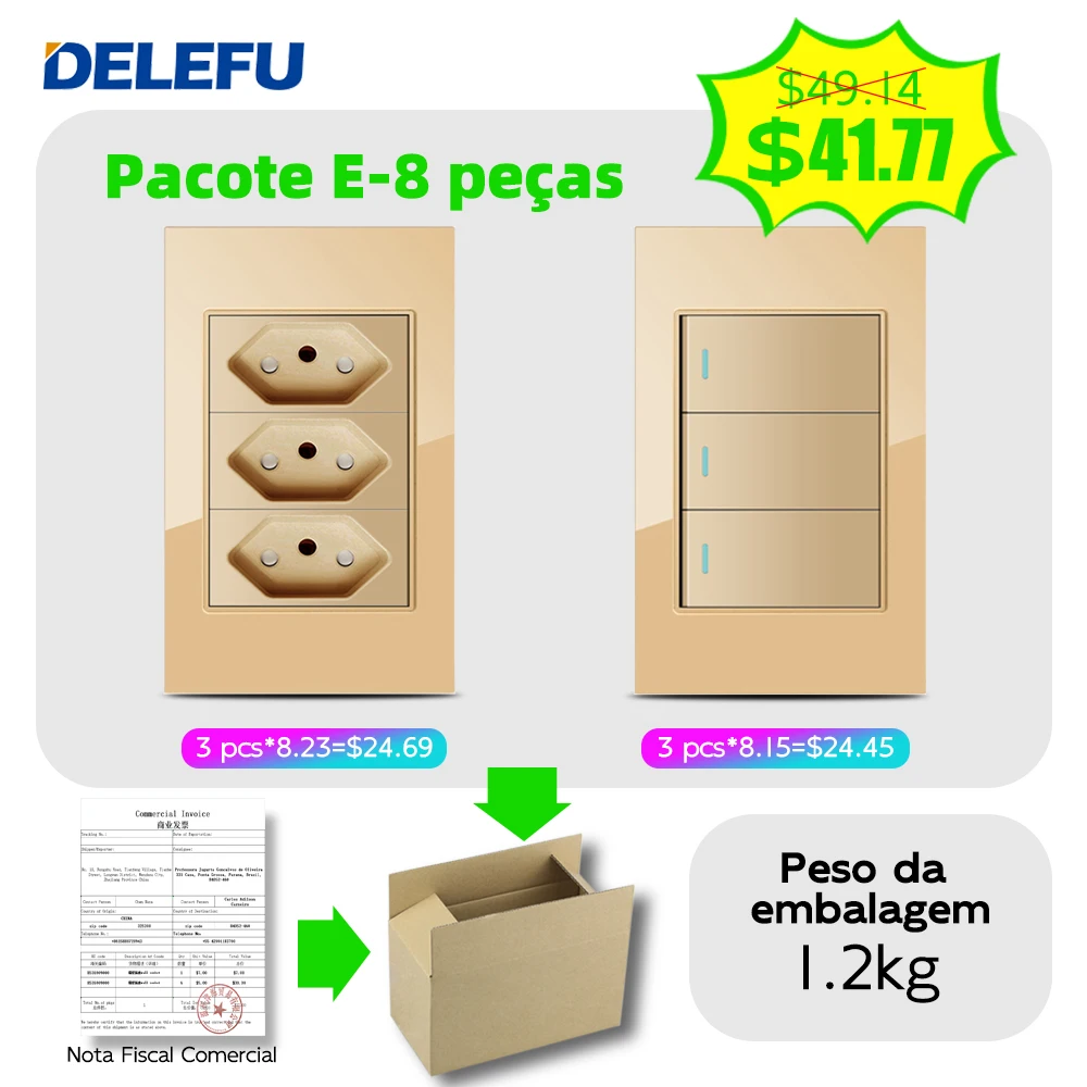 Vidro Temperado Dourado, USB, Tpye-C, 3Gang Wall Switch, Mais Descontos