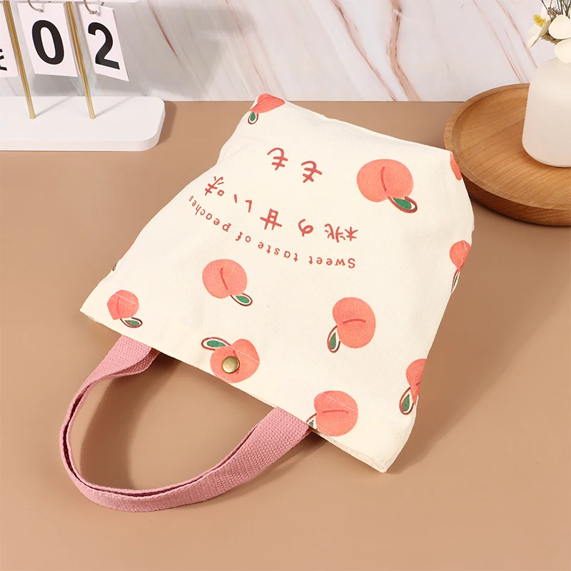 Small Canvas Women Tote Food Bag Japanese Peach Hand Lunch Bag Korean Mini Student Handbags Cotton Cloth Picnic Travel Bento