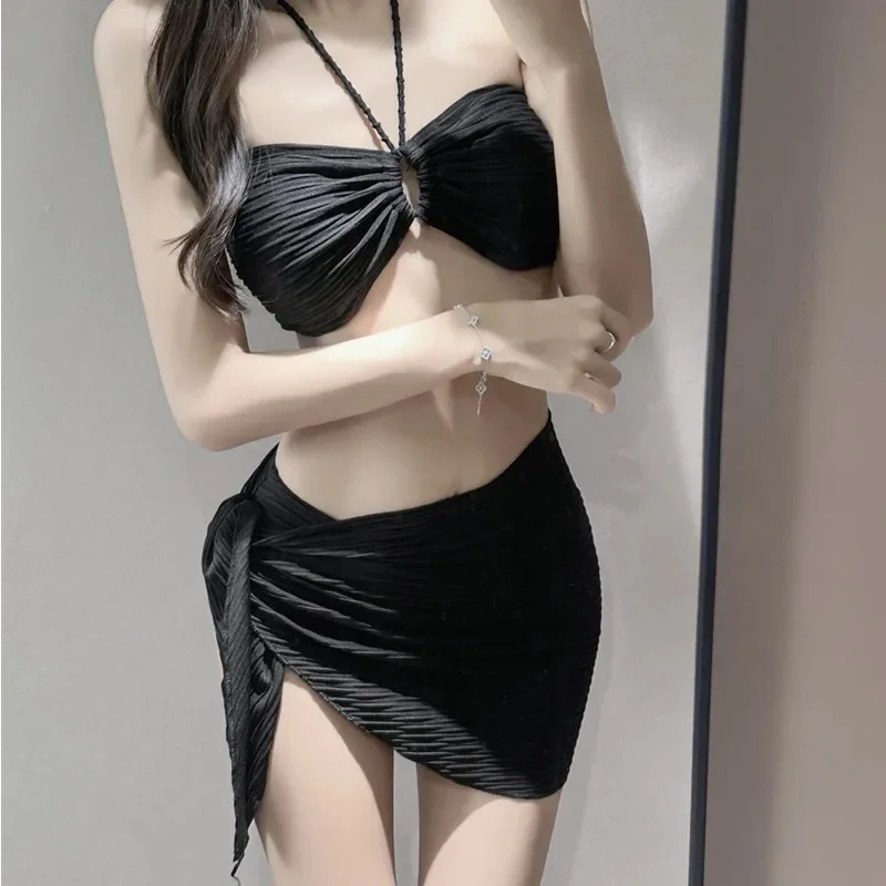 Sexy Bikini Three-Piece Skirt Swimsuit Hanging Neck Tube Top Vacation Beach Women's Swimsuit Elegant Feminine Fashionable