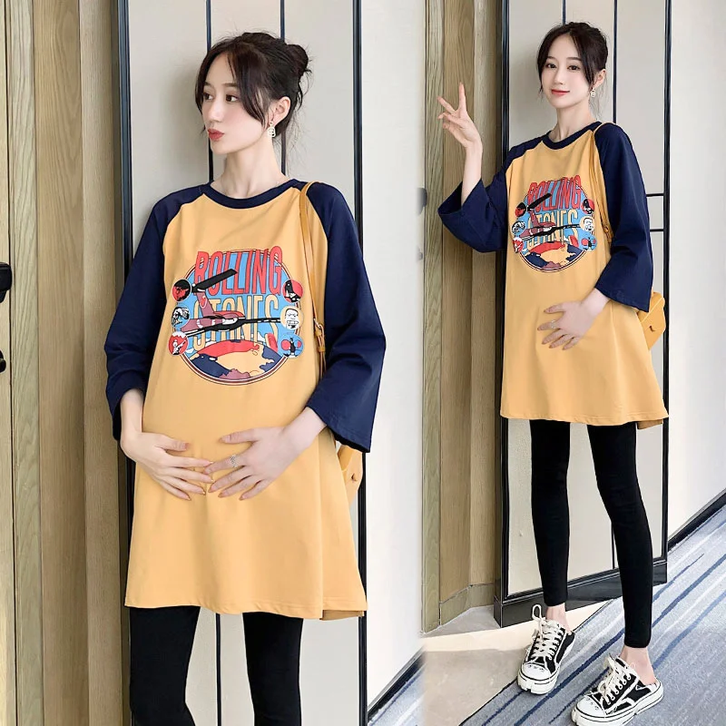 임산부 루즈한 긴팔 상의, 코튼 소재, 한국 스타일 프린트 디자인, 용수철 가을 티셔츠, 캐주얼 스타일