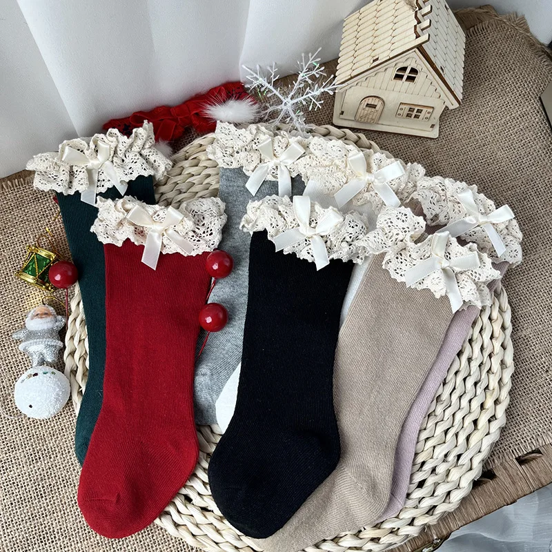 

New Winter Autumn Baby Girls Knee High Socks Lace Ruffle Long Sock Cotton Kids Toddlers Princess Christma Socken For 0-5Years