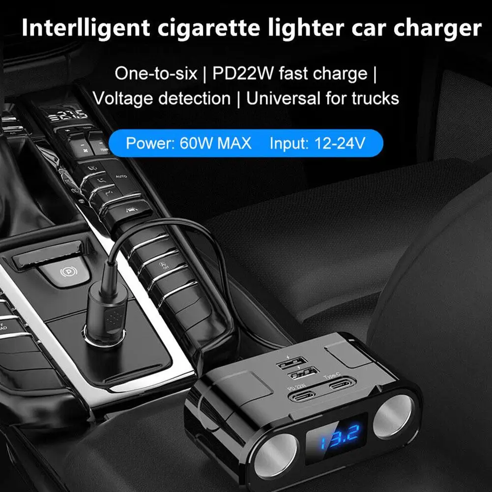 

60W Car Cigarette Lighter Socket Splitter Plug 12-24V Fast Cable Extension PD Voltmeter Socket With 4Port QC3.0 USB Charger S0B4