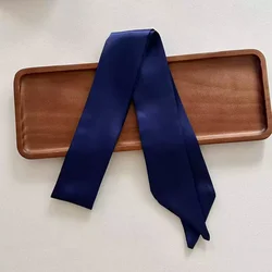 Women's Long Skinny Silk Satin Hair Scarf - Elegant Solid Color Fashion Accessory (Navy Blue)