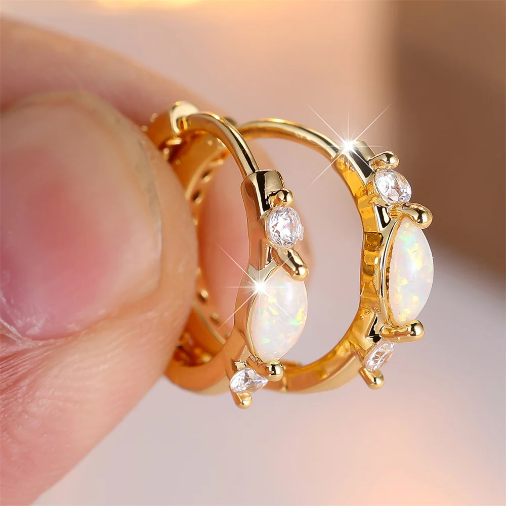 Marquise Stone White Opal Round Hoop Earrings For Women Vintage Fashion Gold Color Ear Buckle Wedding Jewelry Mother's Day Gifts