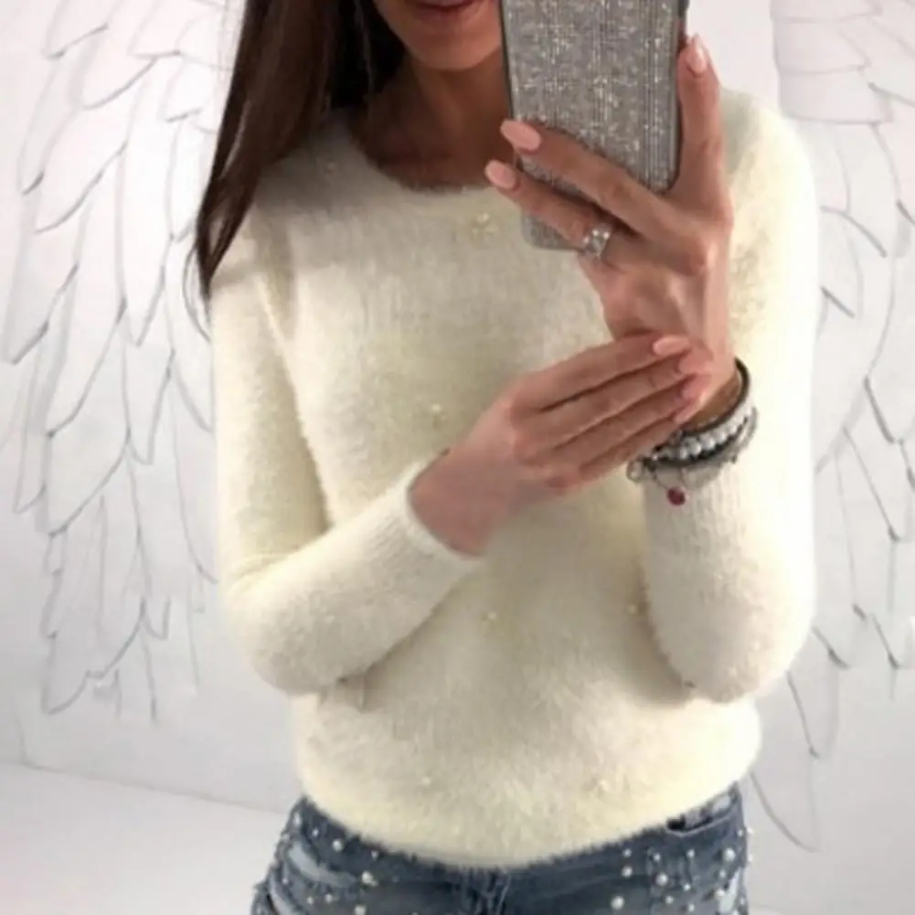 

Thin Knitted Sweater Autumn O-Neck Long Sleeve Slim Fit Solid Color Plush Faux Pearls Decor Sweater Jumper Female Clothing