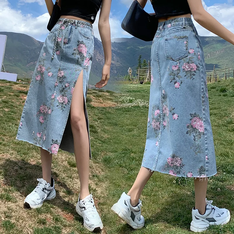 Split Printed Denim Skirt Women Summer New High Waist A-line Hip Wrap Skirt Loose and Versatile Medium Length Skirt custom dog collar personalzied nylon pet dog id tag collars engraved printed puppy collar leash for small medium large dogs