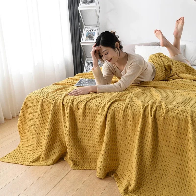 Description Picture 5 of itemSummer Waffle Plaid Cotton Bed Blanket Throw Thin Quilt Knitted Bedspread Home Hotel Coverlets Green Pink Throw Blankets