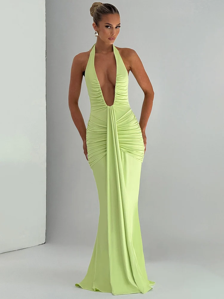 Mozision Deep V Neck Draped Ruched Sexy Maxi Dress Women Summer Fashion Halter Sleeveless Backless Club Party Long Dress Elegant 4