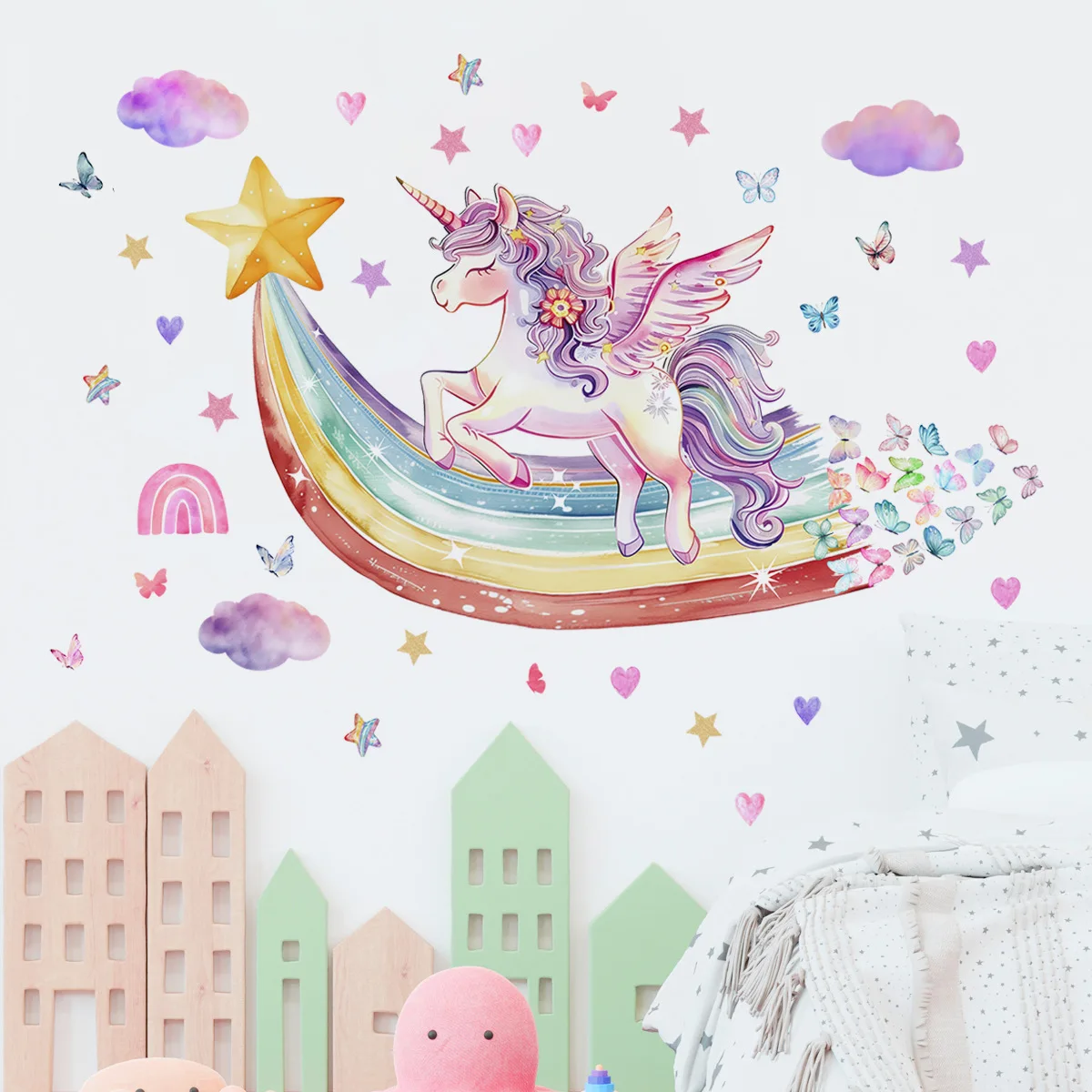 Наклейки на стену в виде единорога, бабочки, звезд, радуги