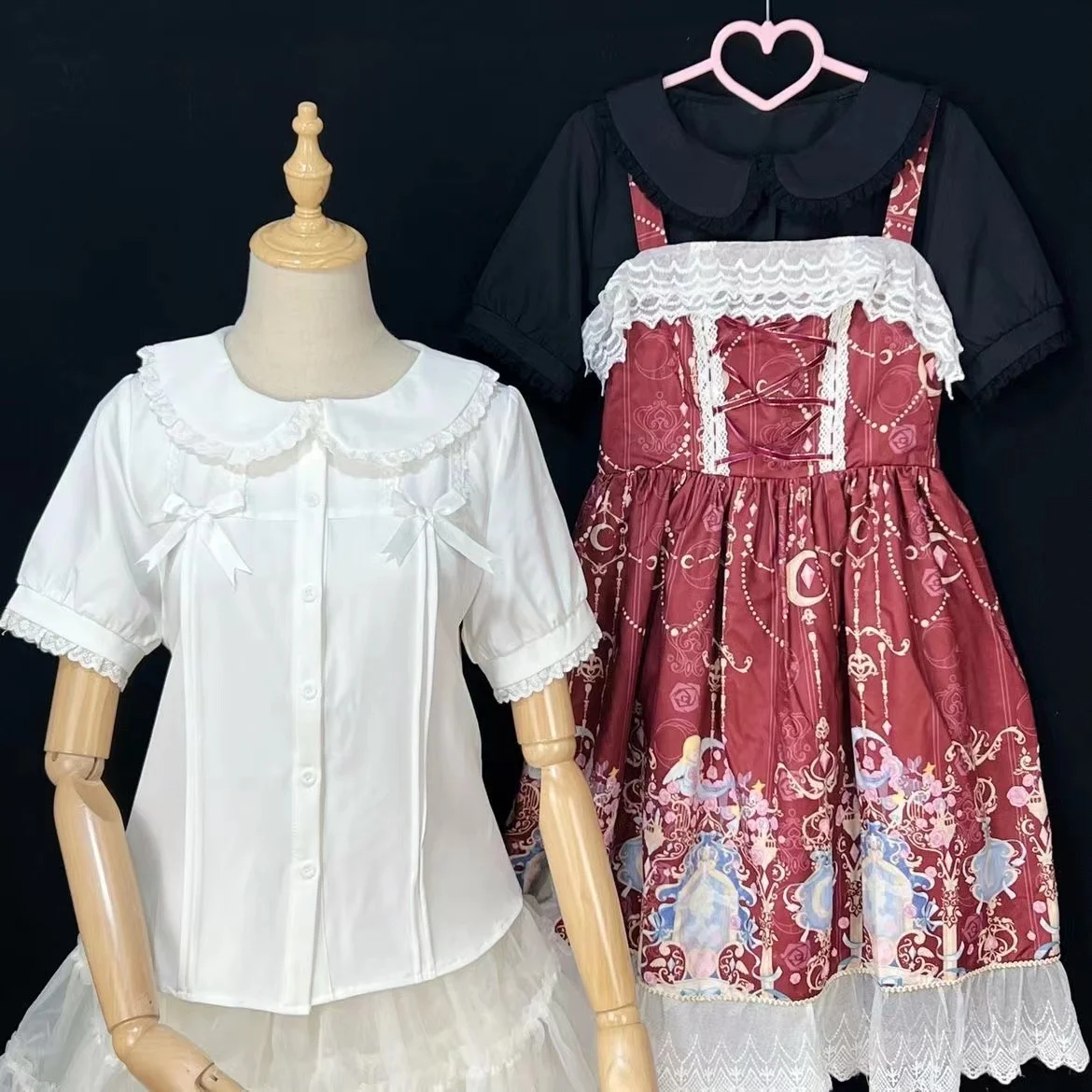 Japanese Style Lolita JK Inner Blouse Lace Stitching Doll Collar Short Sleeve Single-Breasted Sweet Cute White Shirt Top Women