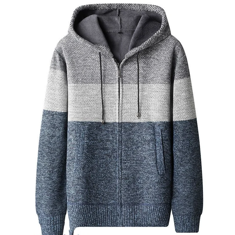 2023 Autumn Winter New Hooded Fashion Long Sleeve Sweater Man High Street Contrast Color Zipper Cardigan Thicken Warm Tops