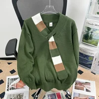 Trendy V-Neck Knitted Sweater for Teenage Boys Casual Ethnic Style Winter Warm Woolen Shirt Cross-Border Spring Autumn Wear