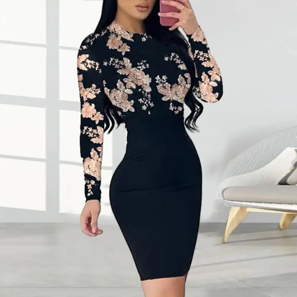 

Elegant High Waistline Dress Flower Print Slim Fit Long Sleeve Mini Dress for Women High Waist Sheath O Neck Elastic Above Knee