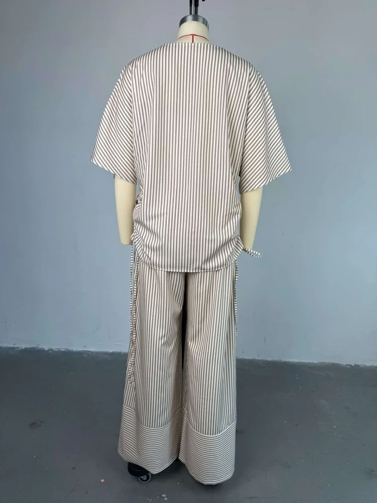 Wmstar Two Piece Sets Women Summer Outfit 2025 Summer New Casual Loose V Neck Striped Short Sleeved Top Wide Leg Long Pants Set