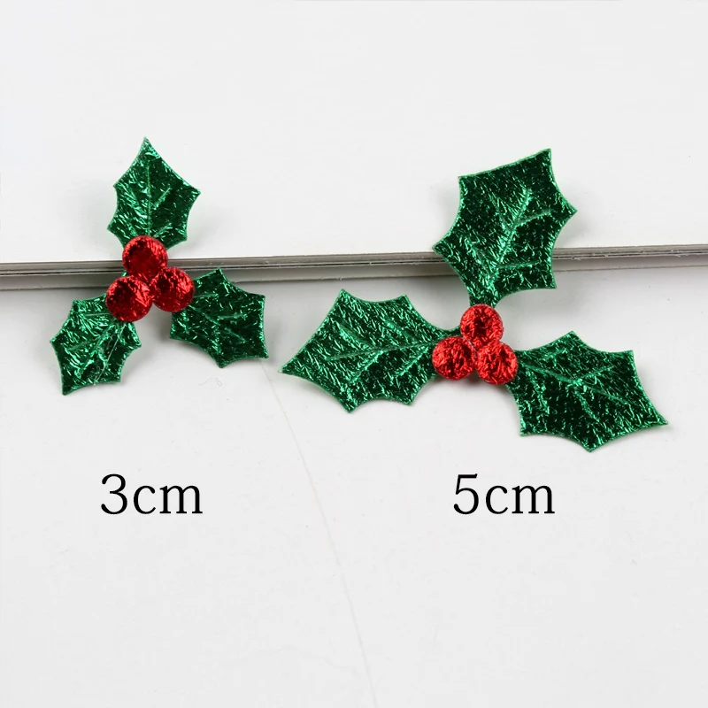 Christmas Glitter Holly Leaf And Red Berry Decoration Table Ornaments DIY Art Fabric Applique Accessories 100Pcs