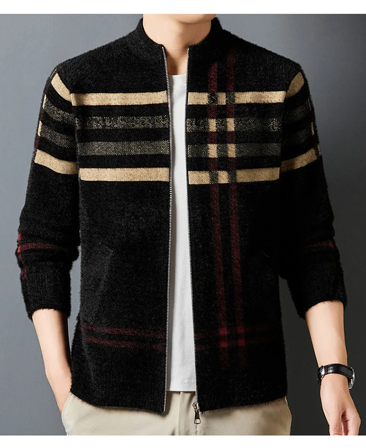 Herren-Strickjacke mit flauschigem Karomuster, Reißverschluss, lässig, Stehkragen, Pulloverjacke mit Vordertaschen, weicher Fleece-ähnlicher Stoff für den Winter – Detail 11