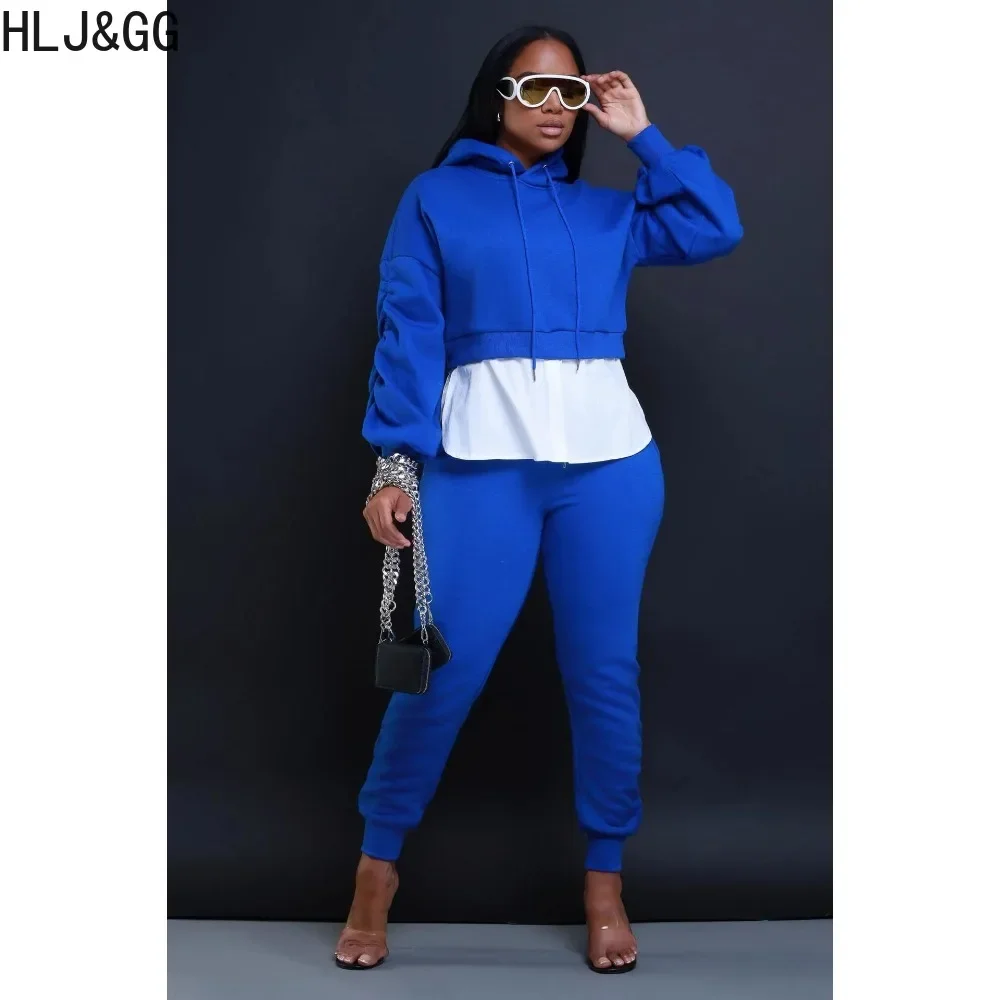 HLJ&GG Autumn Winter Casual Hooded Two Piece Sets Women Long Sleeve Loose Top And Skinny Pants Tracksuits Female 2pcs Outfits