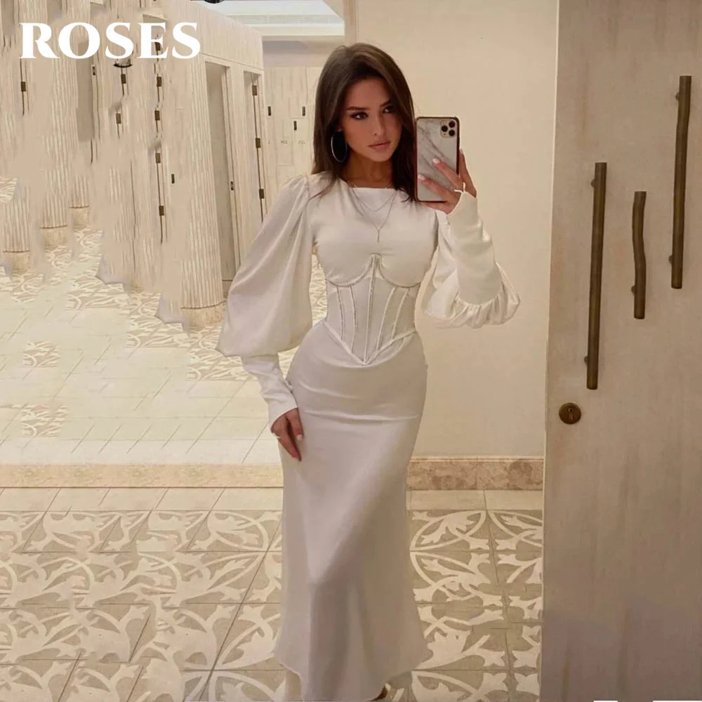 

ROSES Simple White Evening Dresses O-Neck Corset Trumpet Party Dress Long Puff Sleeves Satin 프롬드레스 Ankle Length Prom Dress