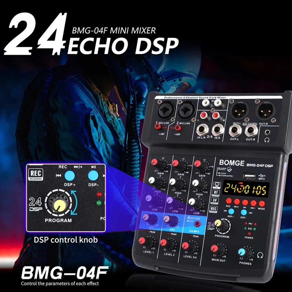 Audio Sound Mixer 4 Channel Dj Mixing Console Sound Card With Monitor 24 Echo DSP 48V Phantom Power For PC Record Karaoke Party audio mixer
