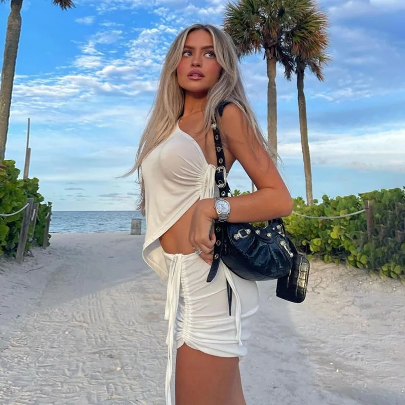 Ladies Niche Fashion Summer Suit One-shoulder Design Vest with A Sense of Crinkle Skirt Two-piece Women Dresses for Women 2024