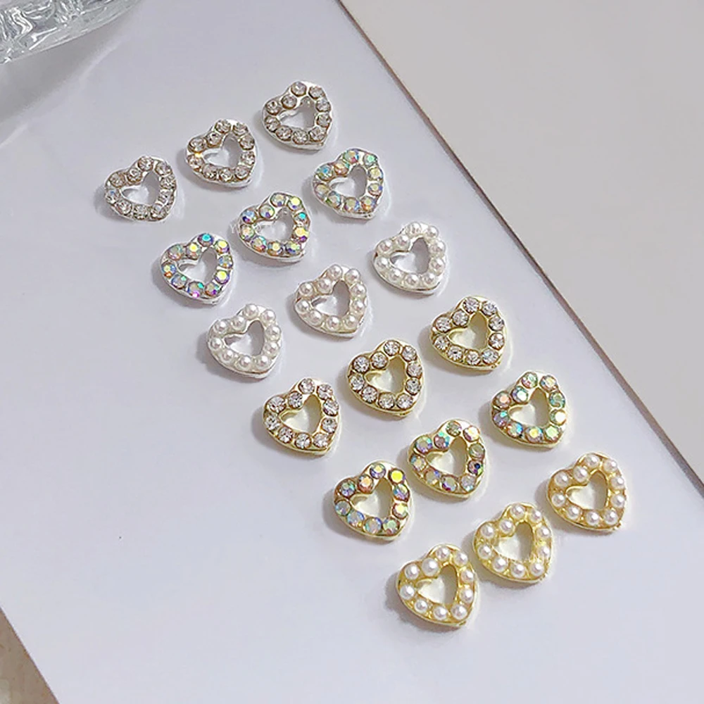 할로우 하트 네일 아트 참, 3D 매력적인 진주, 다이아몬드 가장자리 어라운드 네일 라인석, DIY 럭셔리 샤이니 네일 액세서리, 10 개