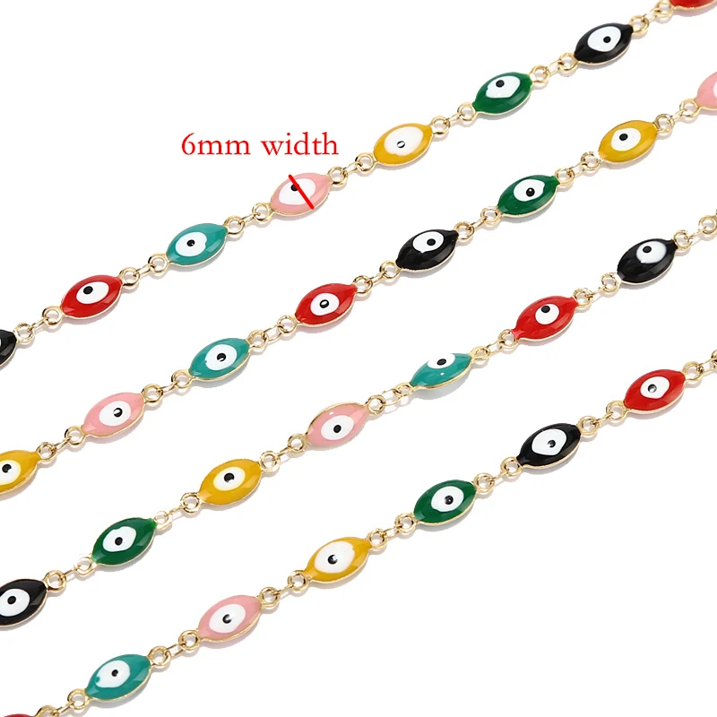 1M 6mm Width Stainless Steel Gold Plated Oval Enamel Eye Link Chain Turkish Evil Eye Chains For DIY Jewelry Making Findings