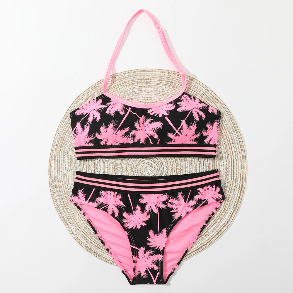 Girl Palm Tree Print Bikini Swimsuit Kids Tape Trim Two Piece Children's Swimwear Teen Halter Top Bathing Suit Beachwear Biquini