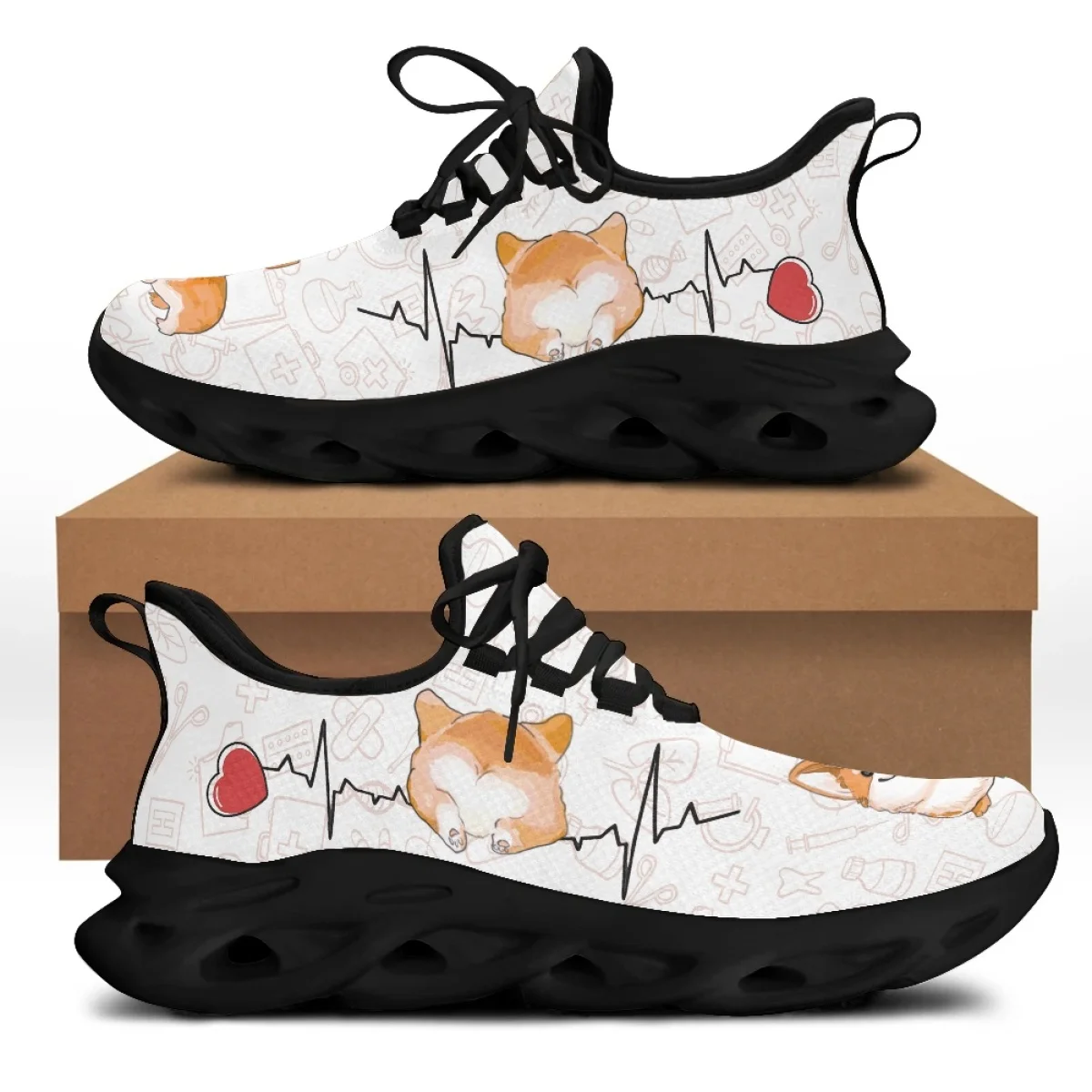 Yikeluo New Style Ladies Lace up Mesh Swing Sneakers Medical Equipment Love Dog Printing Shoes Female Platform Women's Footwear