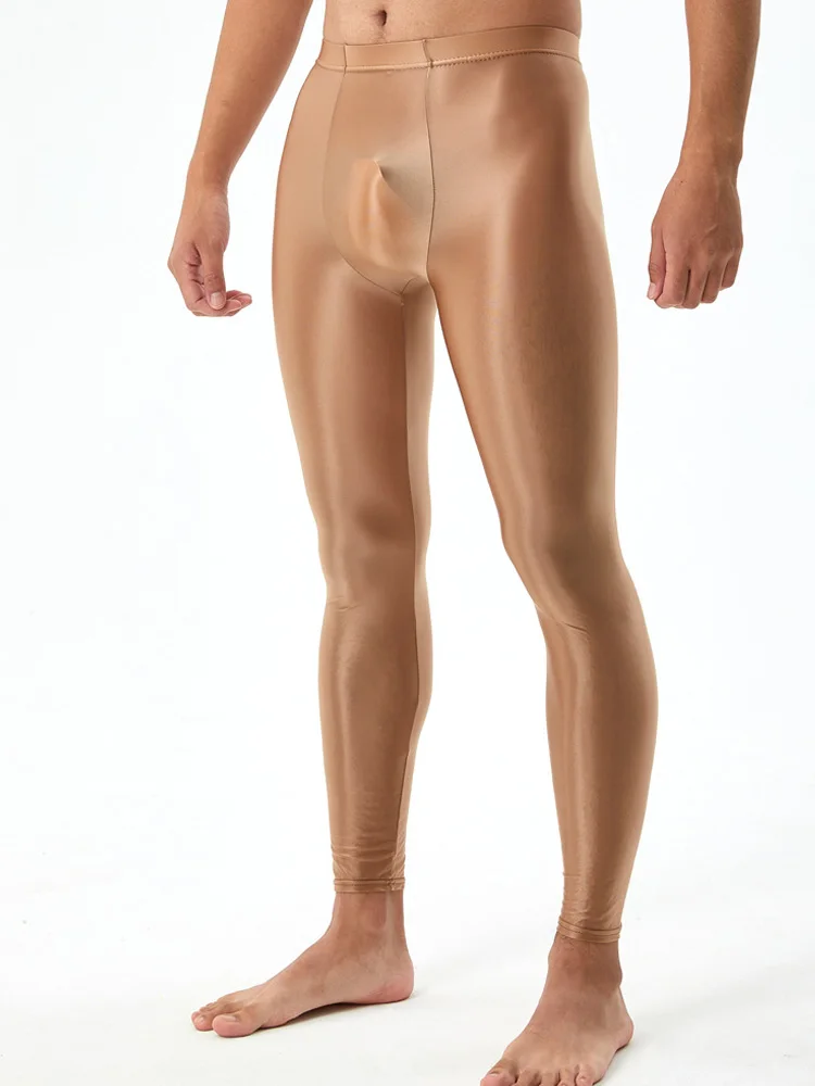 Sexy Men Stain Oil Shiny Pants Bulge Convex Pouch Tights Men Trousers Leggings Yoga Smooth Pencil Pants Capris Candy Color