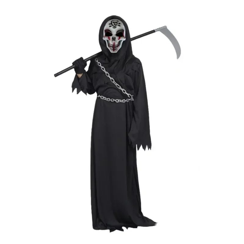 3-15Y Scary Reaper Robe Costume with Skull Mask Halloween Devil Role Play Dress for Boys Girls Party Cosplay Scary Roleplay