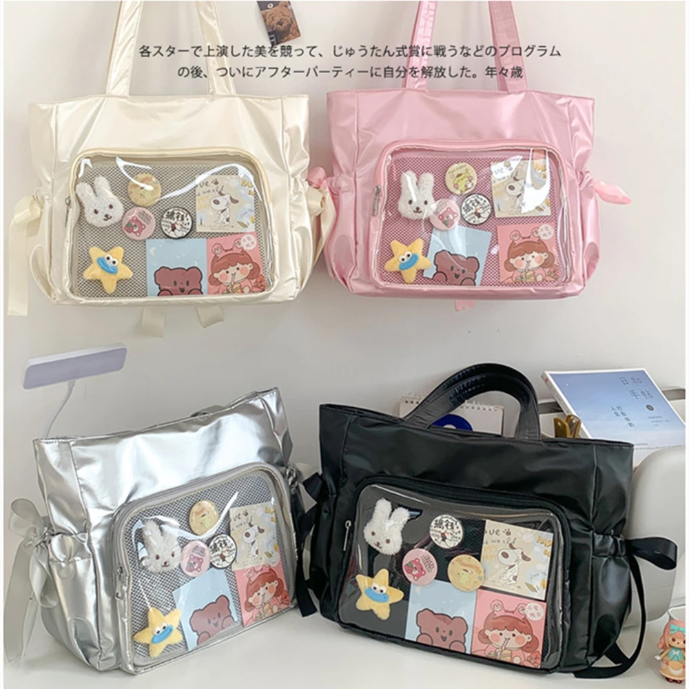 Y2K Cute Fashion Bow Shoulder Bag Sweet Women Large Capacity Ita Bag Nylon Korean Style Trend Tote Bag Kawaii Female Handbag