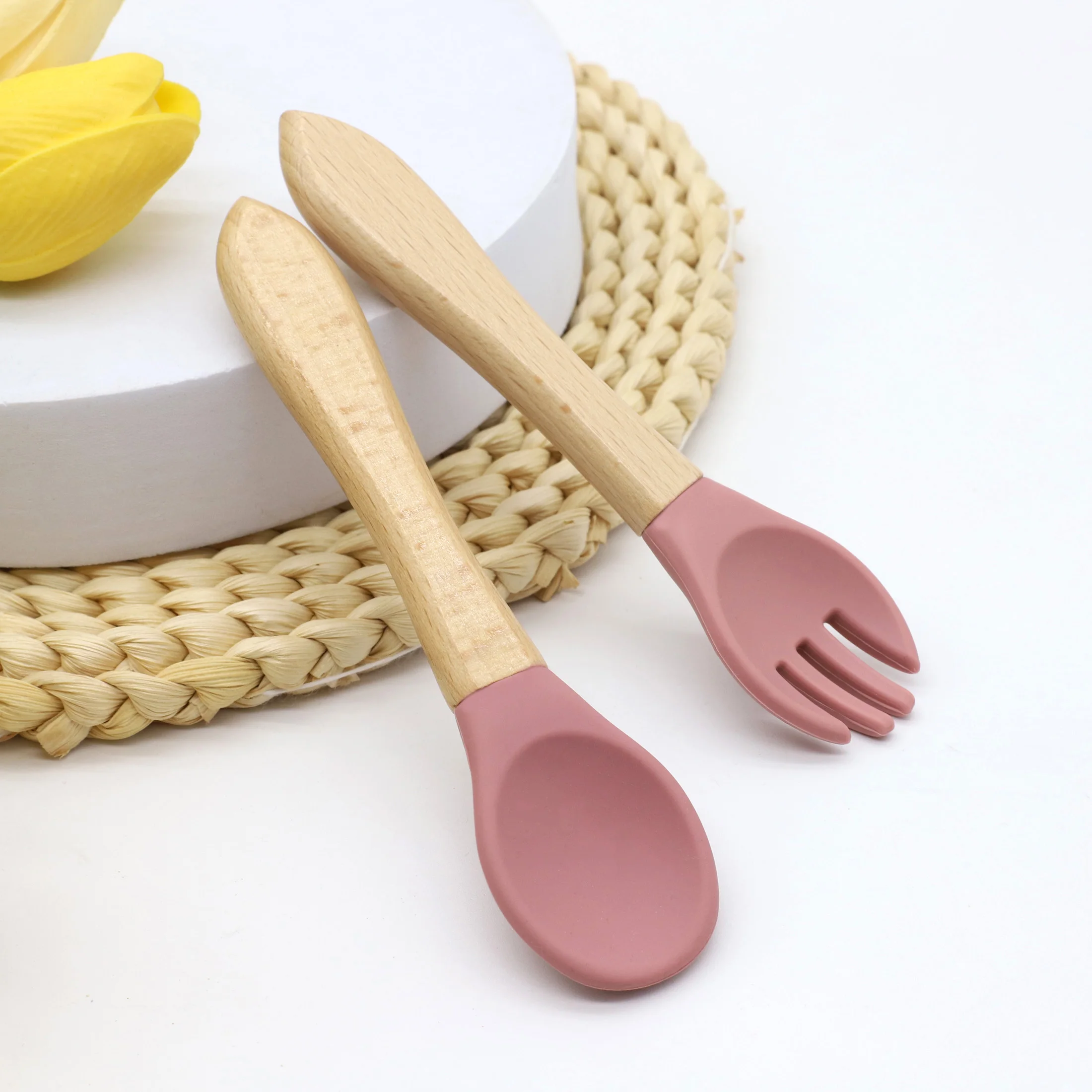 Hot selling food grade silicone wooden handle spoon and fork set for complementary food feeding training spoon and fork 4