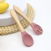 Hot selling food grade silicone wooden handle spoon and fork set for complementary food feeding training spoon and fork 4