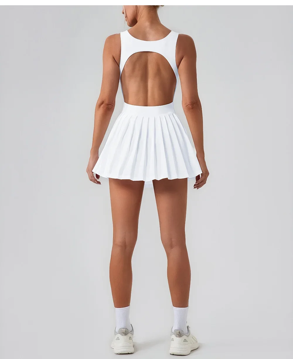 Naked Tennis Dress Hollow Out Backless Women Skirt Jumpsuit Anti Glare Fitness Sports Running Pockets Pleated Skirt Sports Dress