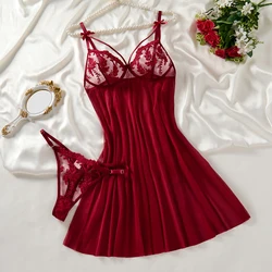 Elegant Wine Red Semi - Transparent Nightgown with Wheat Ear Embroidery and Bow Design - S (WineRed)