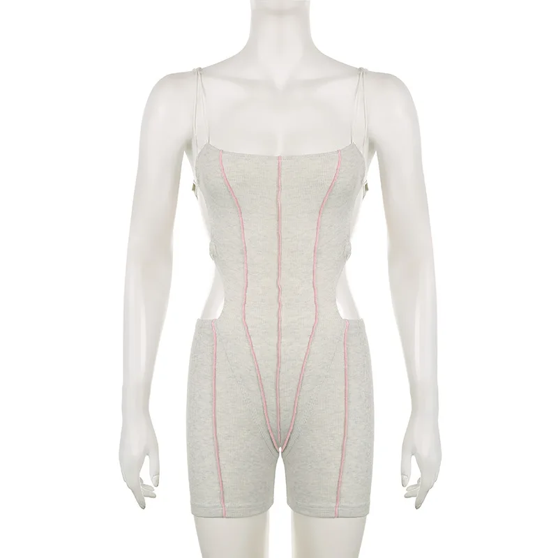 Line Contrast Hollow Out Ribbed Spaghetti Straps Playsuits Women Sexy Sleeveless Backless Tight Shorts Rompers Casual Jumpsuits