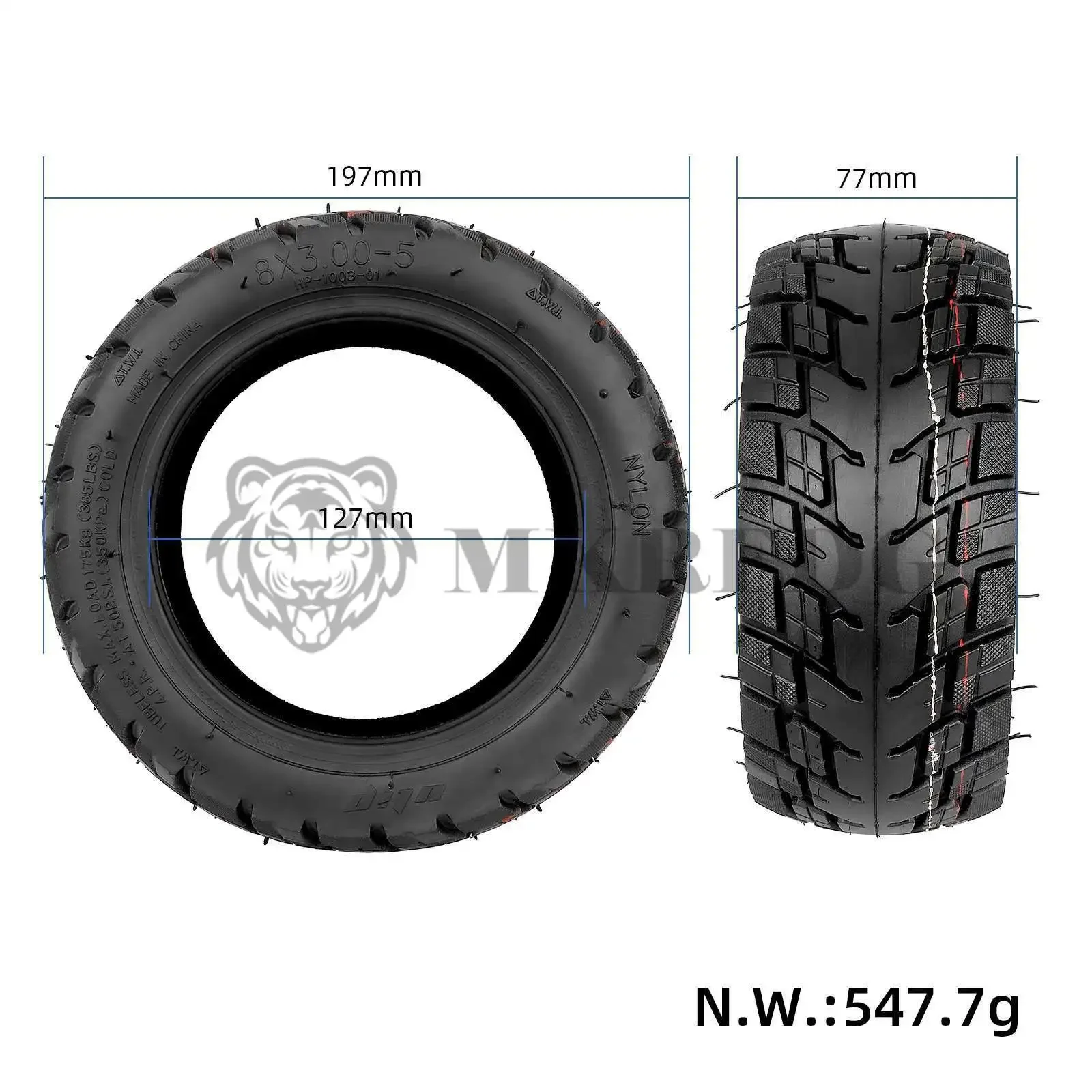 Neumático Sin Cámara 10x3.0 Para Scooter Eléctrico Zero / Kaabo Mantis - Goma Negra, Medidas 244x73 Mm, Para Uso En Terrenos Privados