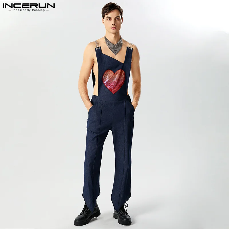 

INCERUN 2023 American Style Handsome Men's Love Patch Embroidered Chain Jumpsuits Casual Comfortable Male Hot Sale Rompers S-5XL