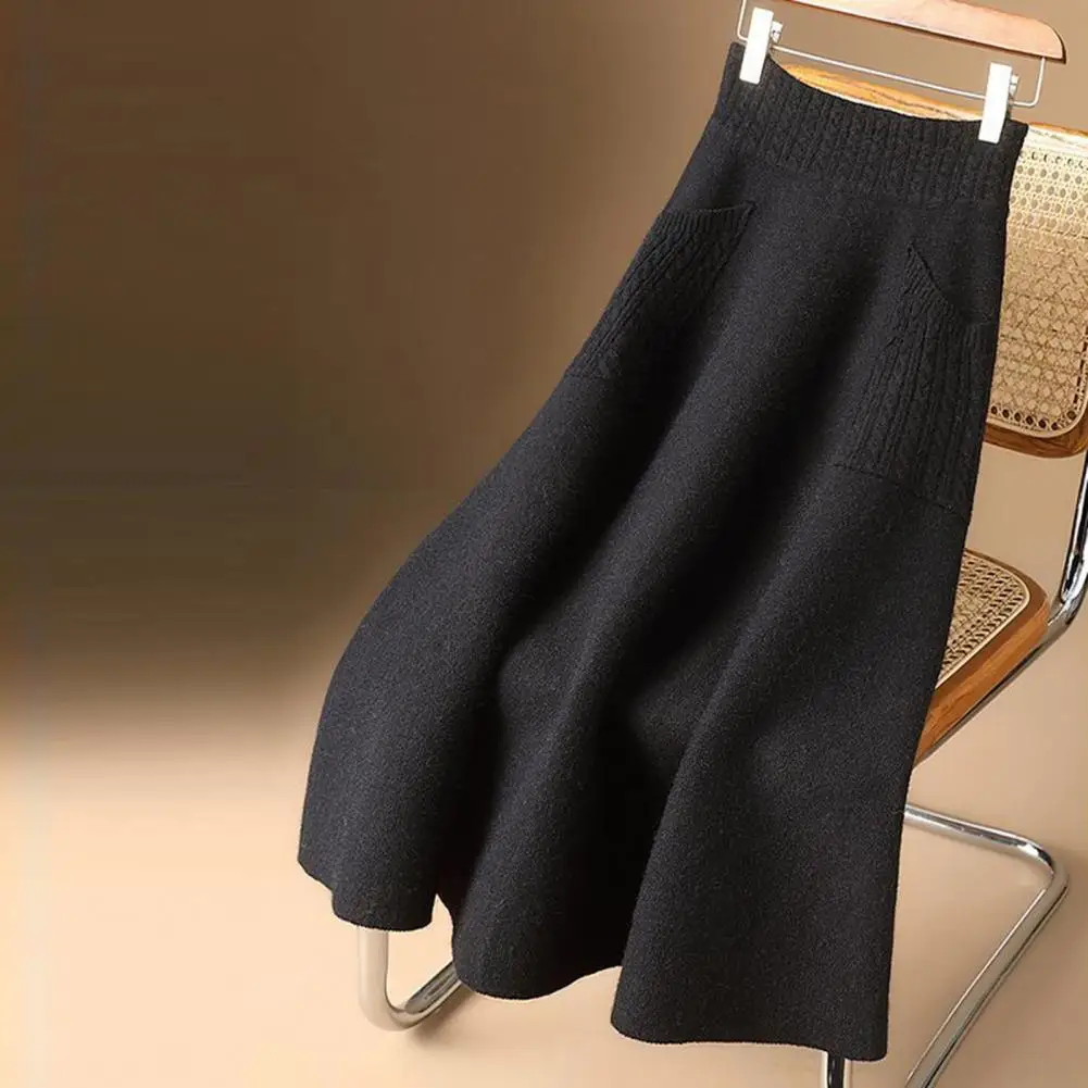 

Commuting Style Fashion Skirt Cozy Knitted High Waist A-line Midi Skirt with Pockets for Women Soft Warm Stretchy Solid Color