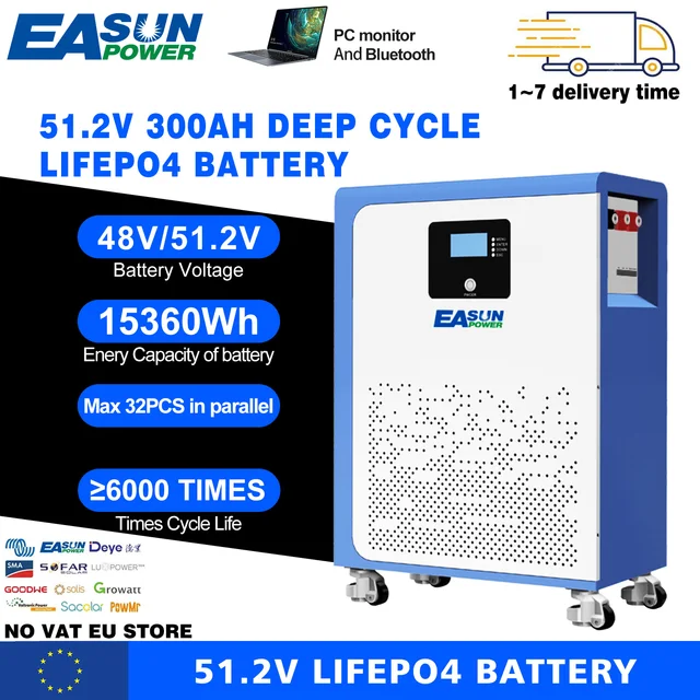 Batterie lithium EASUN 48V 100Ah 300Ah 15Kwh avec BMS Bluetooth, 6000+ cycles de vie, LiFePO4, stockage d'énergie pour l'UE 1