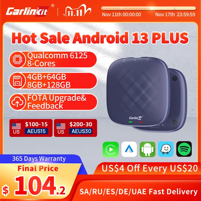 CarlinKit CarPlay Ai Box Android 13 Plus QCM6125 8-core Wireless Android Auto; CarPlay Car USB Adapter For OEM Wired CarPlay Car