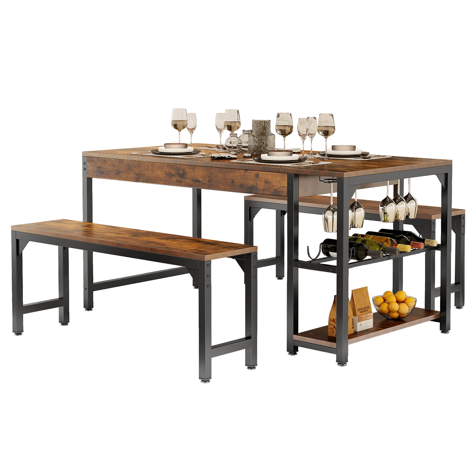 63" 3 Piece Dining Table Set for 4 Home Kitchen Breakfast Dinette with 2 Benches