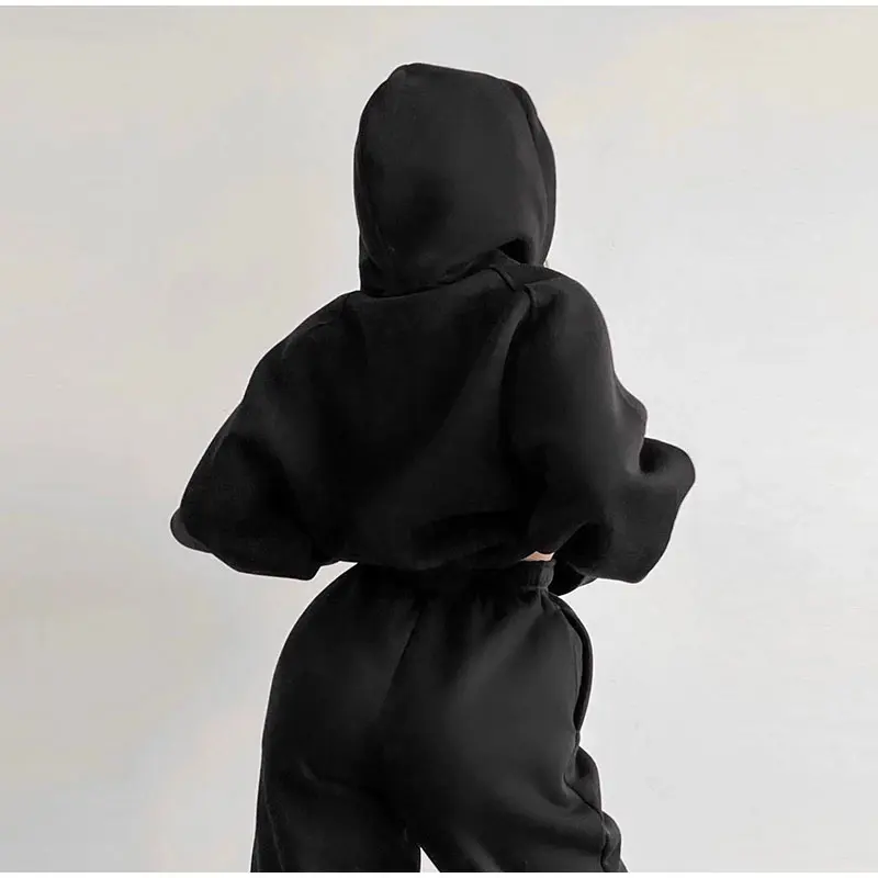 Winter Women's Tracksuit Solid Overtise Sleeve Sport Suits Autumn Warm Hoodie Hooded Sweatshirts+High Pant Fleece 2 Piece Sets