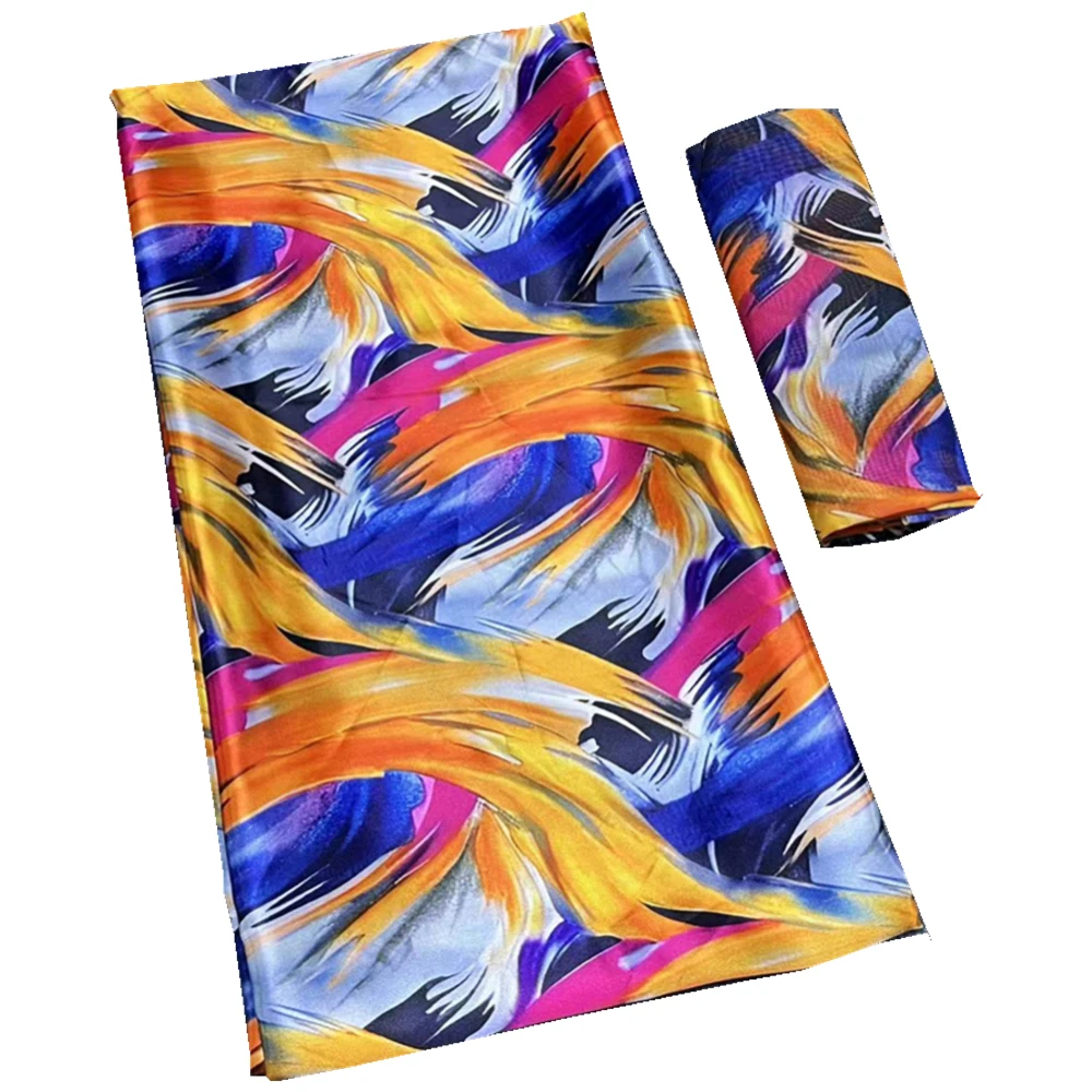 

New arrival 4+2yards african satin silk fabric with chiffon set soft ribbon silk tie-dye Fabric for wedding dress