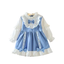 Robe de printemps pour filles, en dentelle, à manches longues, longueur aux genoux, Style Lolita, vêtements bleus pour enfants, Costumes de fête pour nouvel an, 2022 