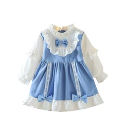 Primavera meninas vestidos de manga longa renda joelho comprimento vestido lolita estilo azul roupas infantis trajes de festa para o ano novo 2022