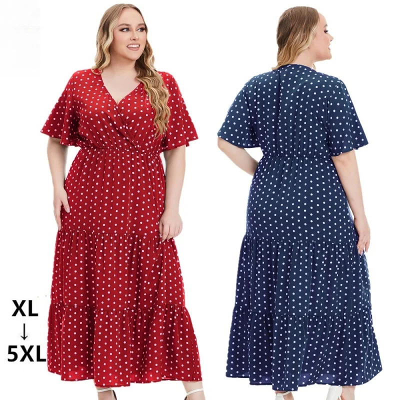 

2024 European and American plus Size Women's Clothes Summer New Style Fat Sister V-Collar Polka Dot Short Sleeve Dress